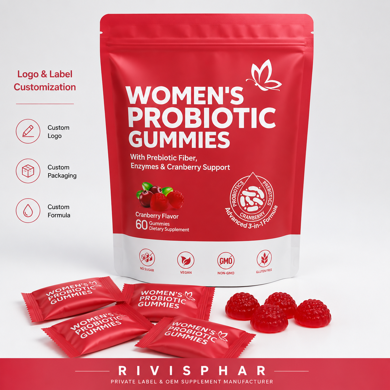 Probiotic Gummies 60ct | Gut Health & Immune Support | Eco-Friendly Pouch | Private Label OEM