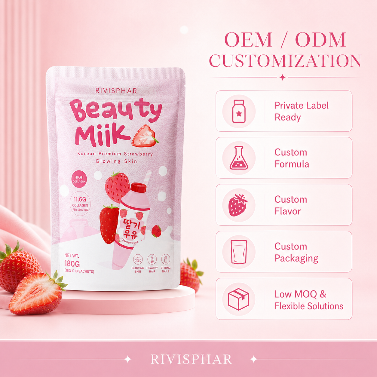 Beauty Milk Powder – Strawberry | Collagen & Skin Nutrition Drink Mix | 10 Sachets | Private Label OEM