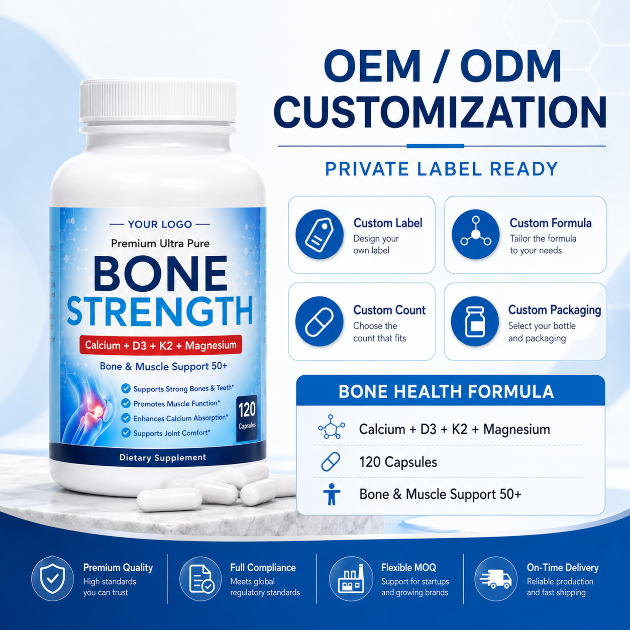 Bone Strength Capsules 120ct | Bone Density & Skeletal Health Support | Private Label OEM