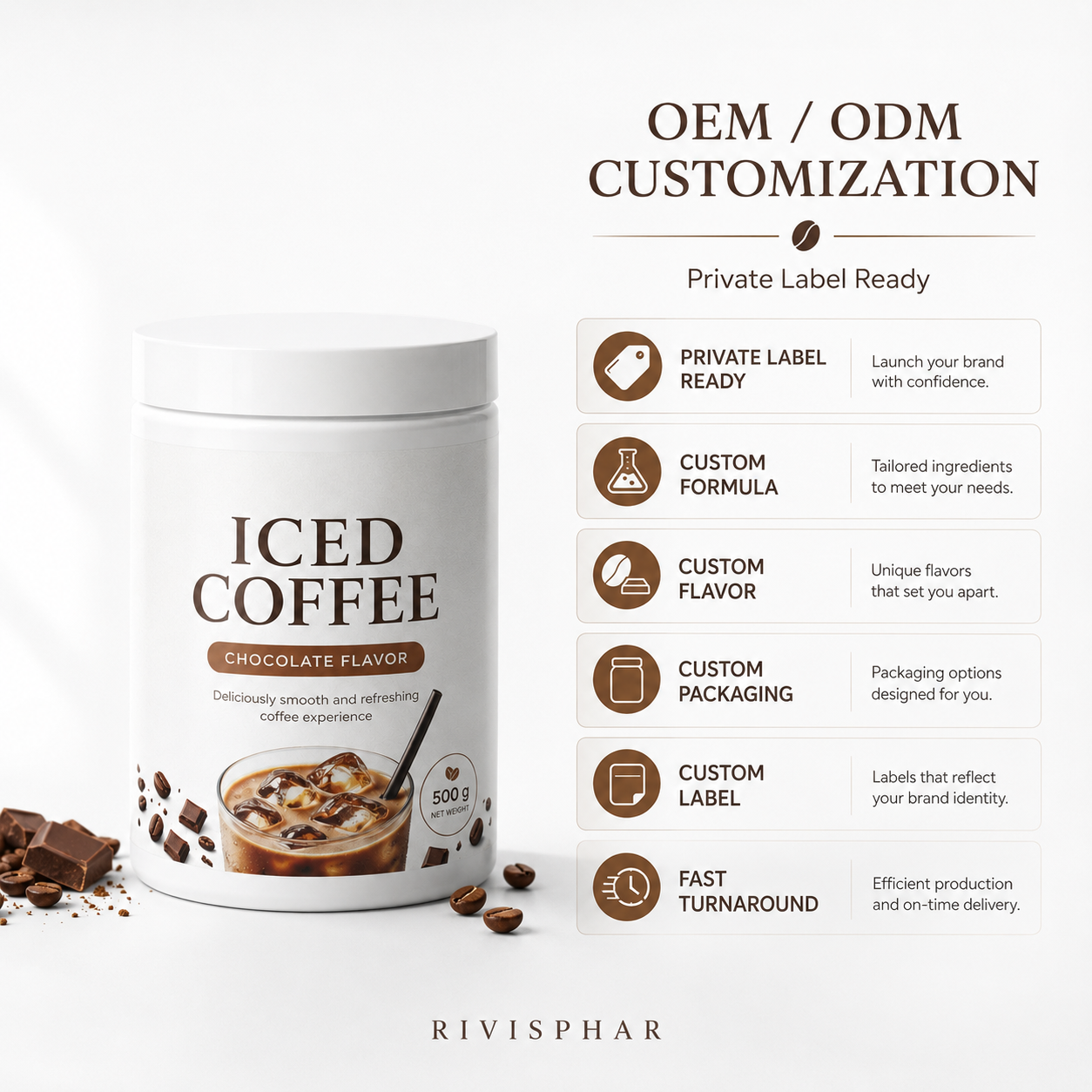 Iced Coffee Powder 500g – Chocolate | Instant Cold-Brew Energy & Mental Focus | Private Label OEM