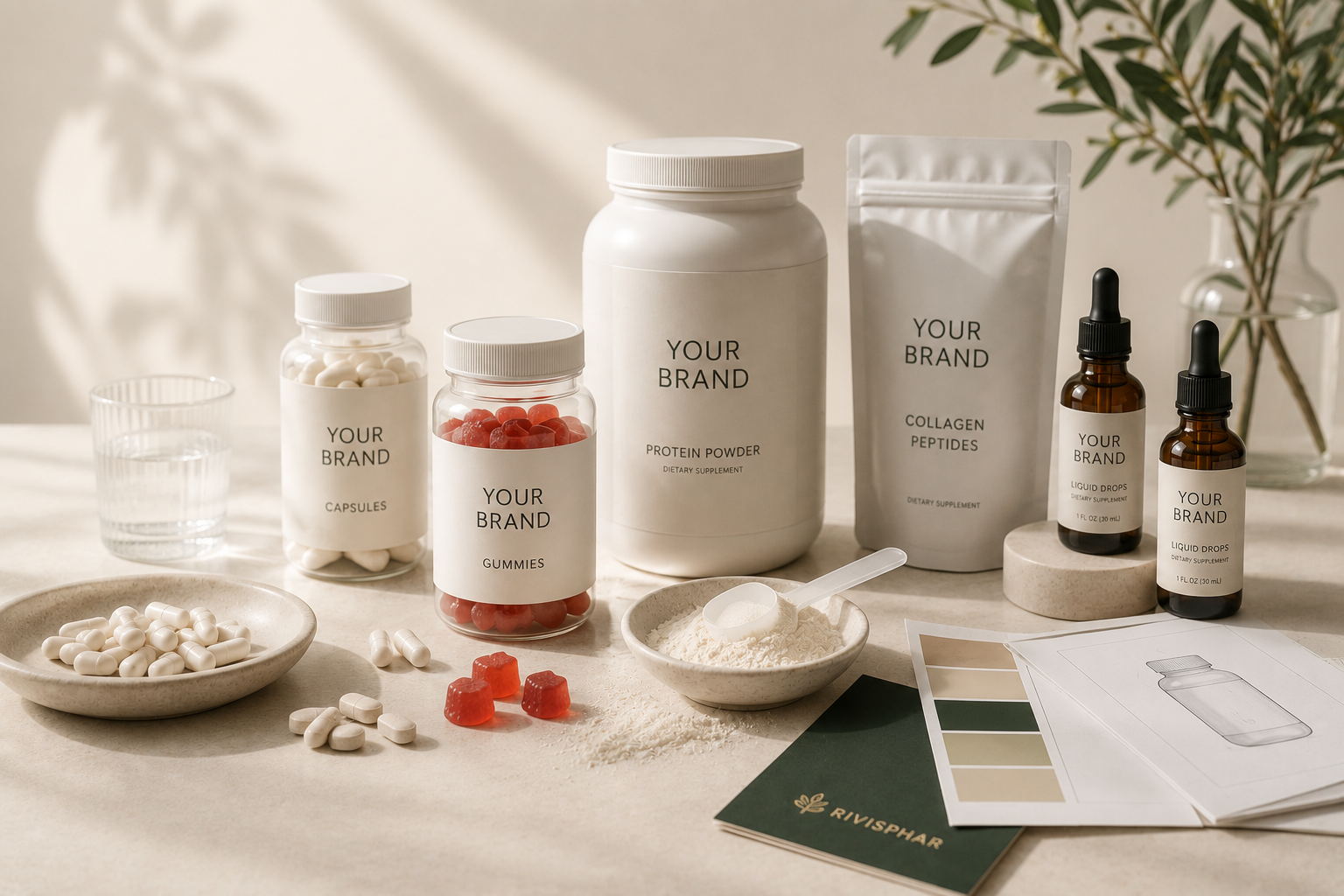 Premium private label supplement packaging composition with labels, capsules, powder packaging and samples