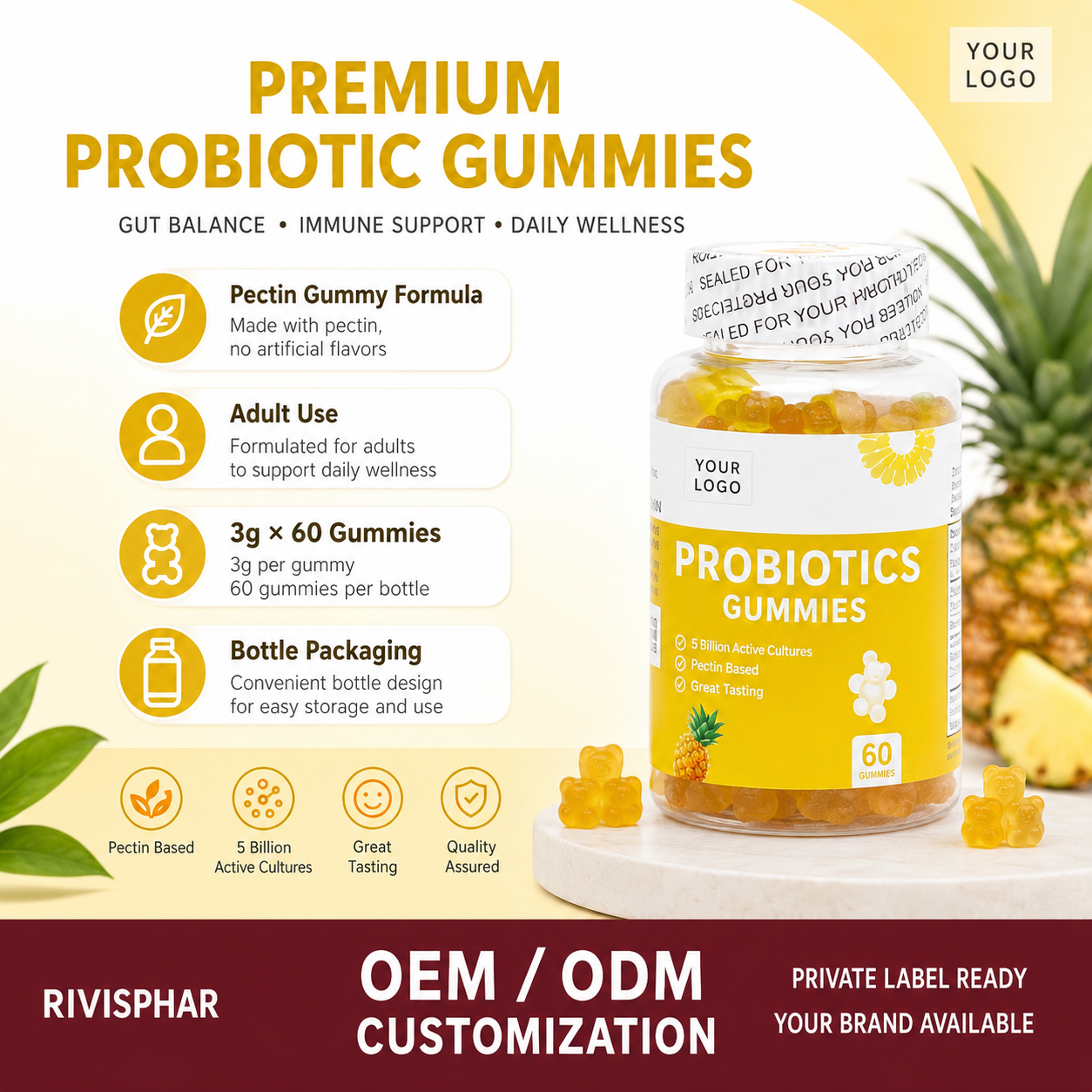 Probiotic Gummies 60 Count | Private Label & OEM Digestive Supplement