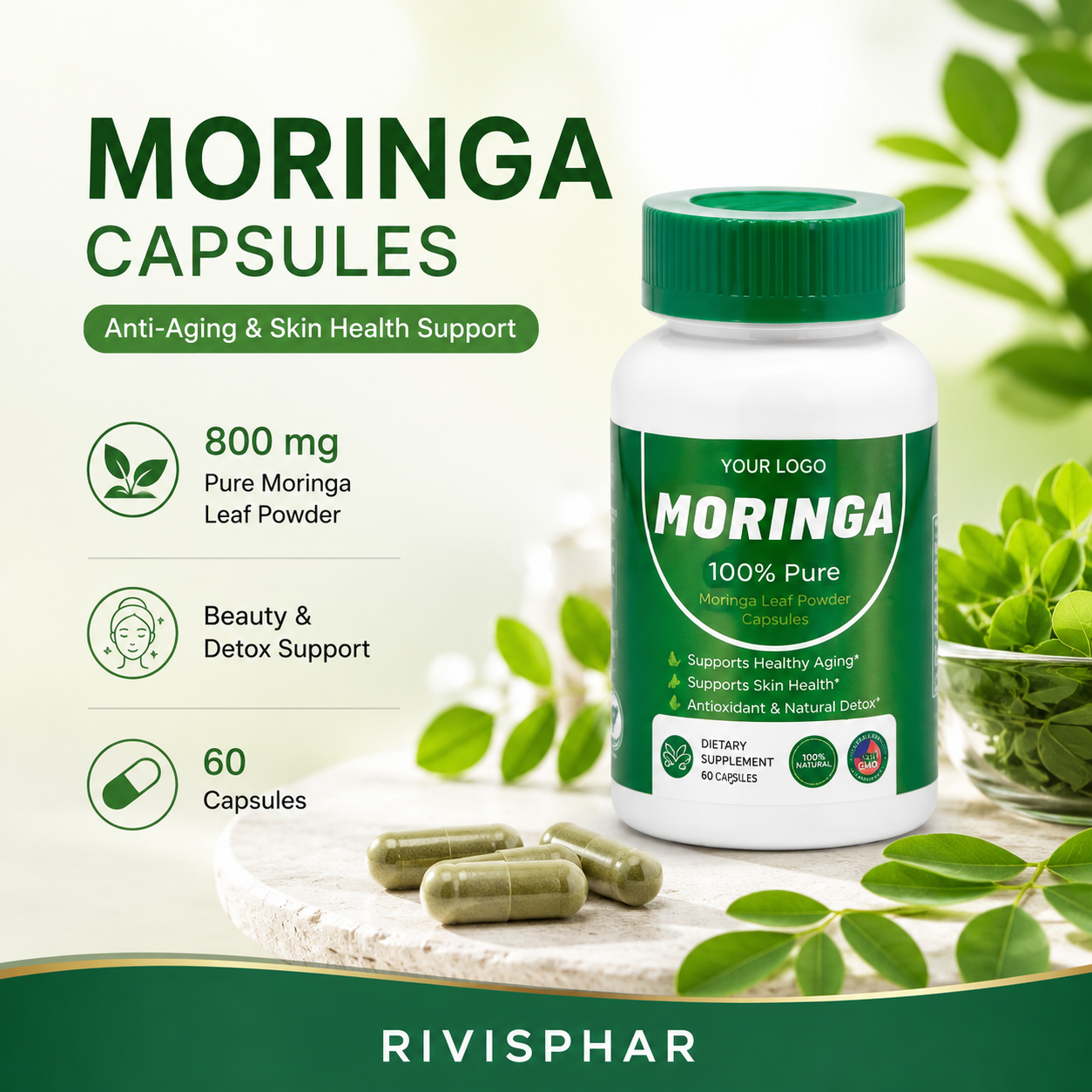 Moringa Capsules 60ct | Plant-Based Superfood Nutrition | Private Label OEM