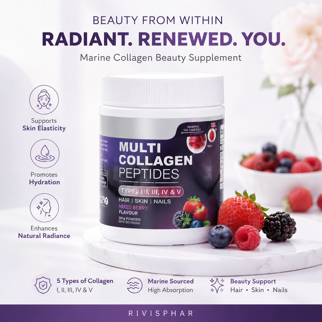 Collagen Powder – Mixed Berry | Hydrolyzed Collagen Peptides for Skin, Hair & Joints | 281g | Private Label OEM