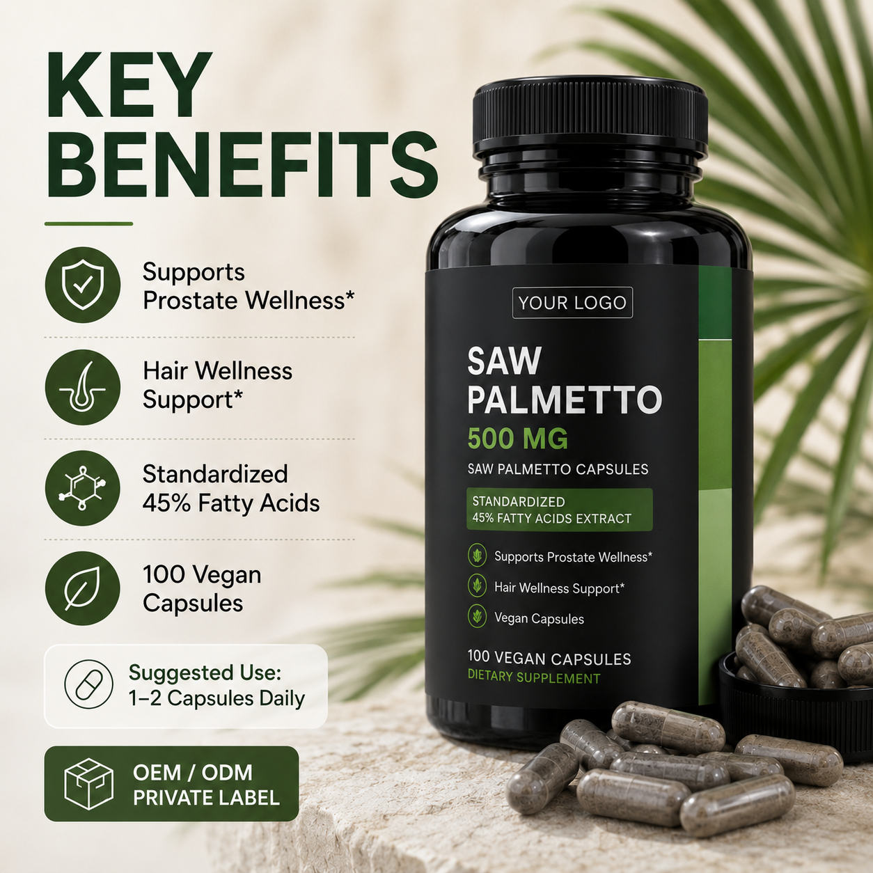 Saw Palmetto Capsules 100ct | Prostate Health & Men's Urinary Wellness | Private Label OEM