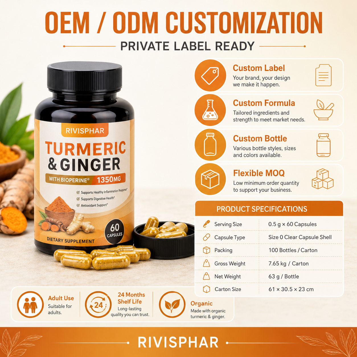 Turmeric Capsules 60ct | Curcumin Joint Support & Anti-Inflammatory | Private Label OEM