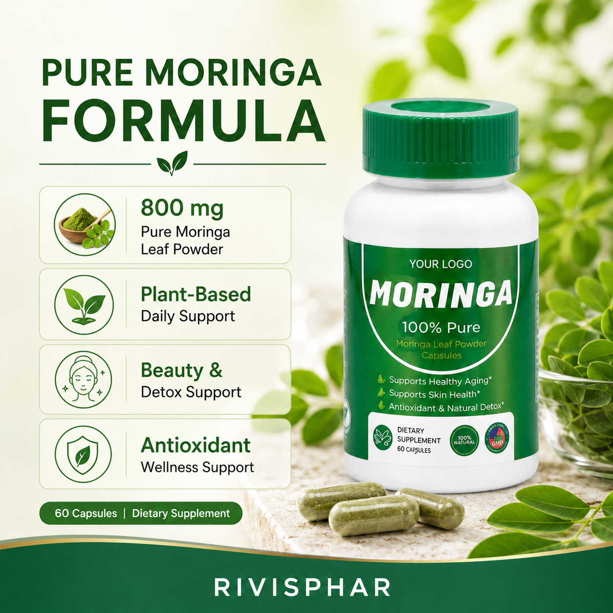 Moringa Capsules 60ct | Plant-Based Superfood Nutrition | Private Label OEM