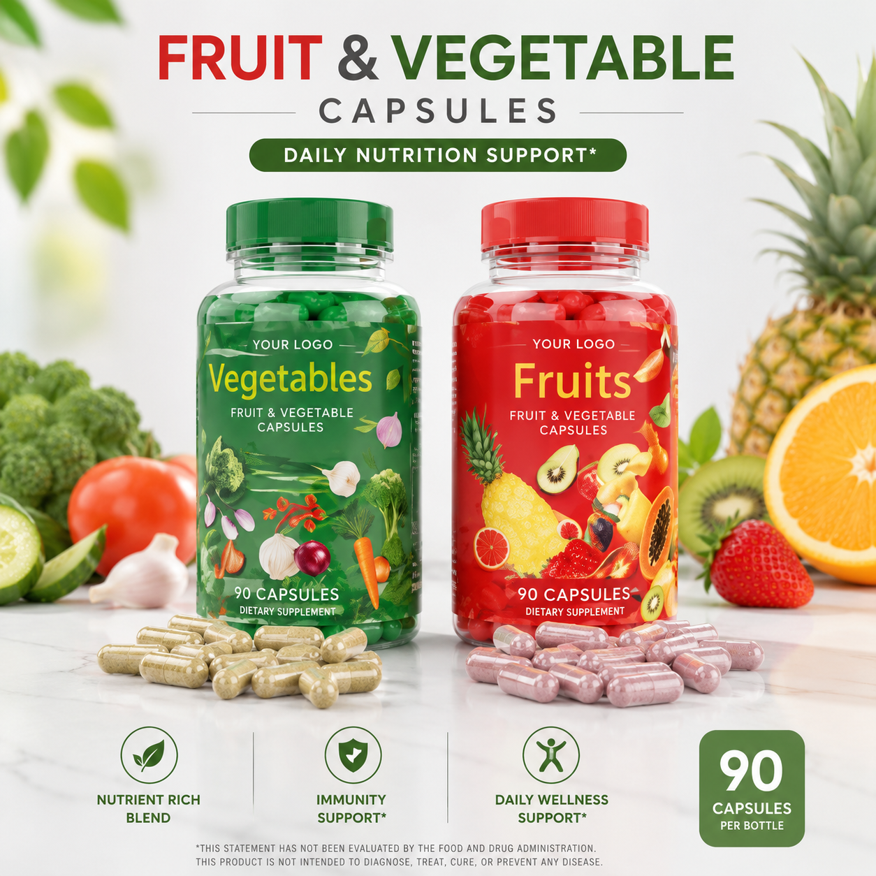 Fruit & Vegetable Capsules 90ct | Whole-Food Phytonutrients & Daily Antioxidant Support | Private Label OEM