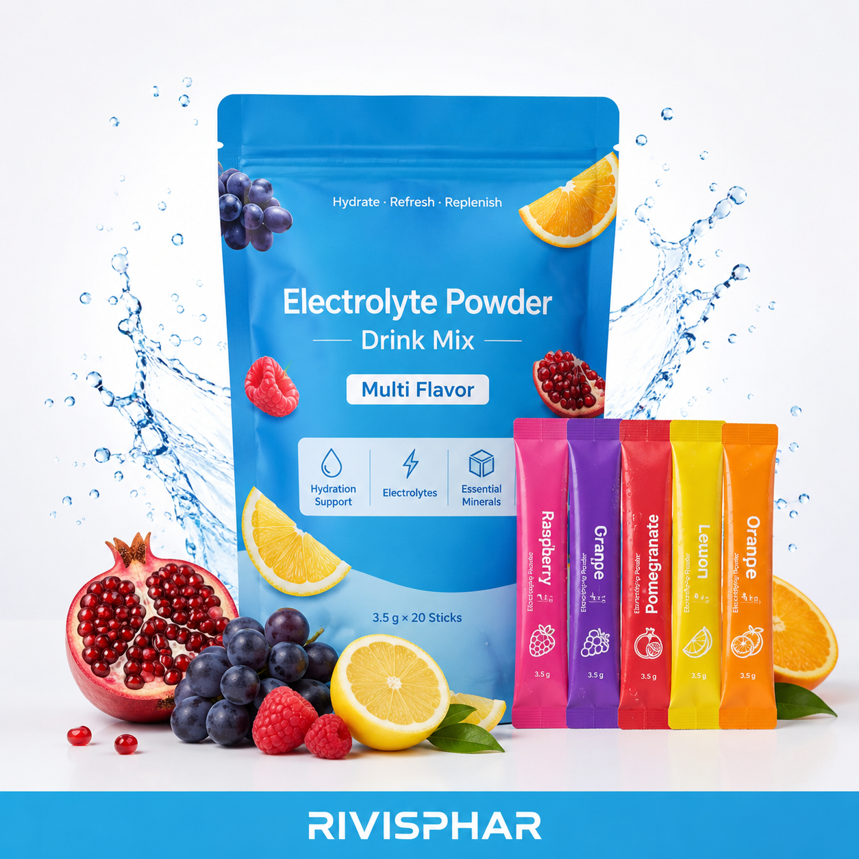 Electrolyte Powder 20 Stick Packs | Rapid Hydration & Ionic Mineral Replenishment | Assorted Flavors | Private Label OEM