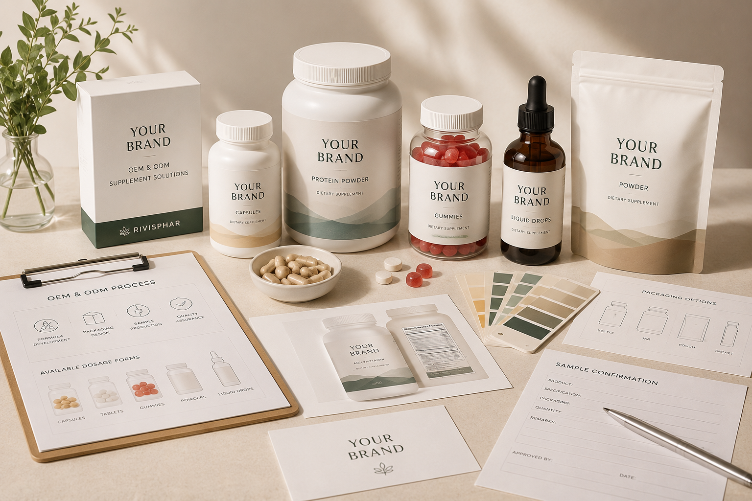 Private label packaging samples, labels and supplement development materials