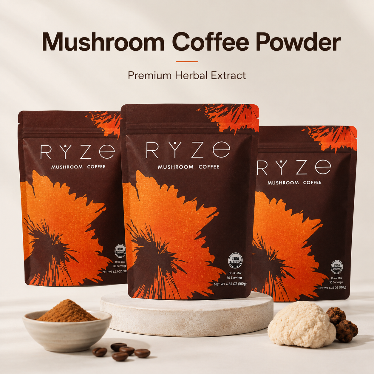 Mushroom Coffee Powder 180g | Lion's Mane & Reishi Nootropic Blend | Jitter-Free Focus | Private Label OEM