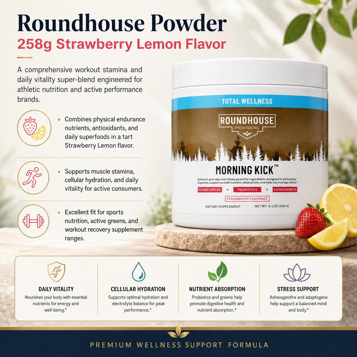 Roundhouse Performance Powder 258g | Strawberry Lemon | Endurance, Hydration & Daily Vitality | Private Label OEM