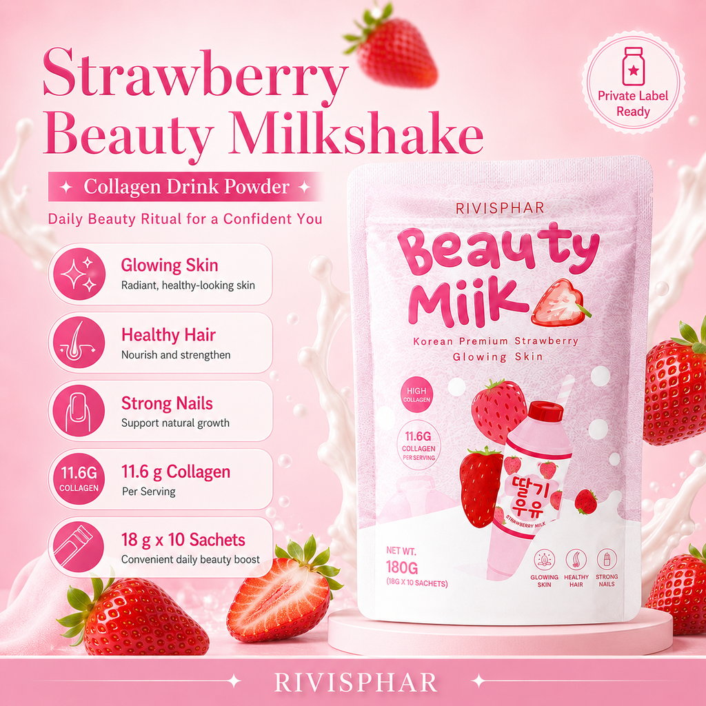 Beauty Milk Powder – Strawberry | Collagen & Skin Nutrition Drink Mix | 10 Sachets | Private Label OEM