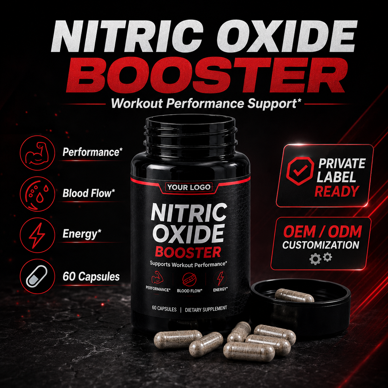 Nitric Oxide Booster Capsules 60ct | Vasodilation, Blood Flow & Sports Performance | Private Label OEM