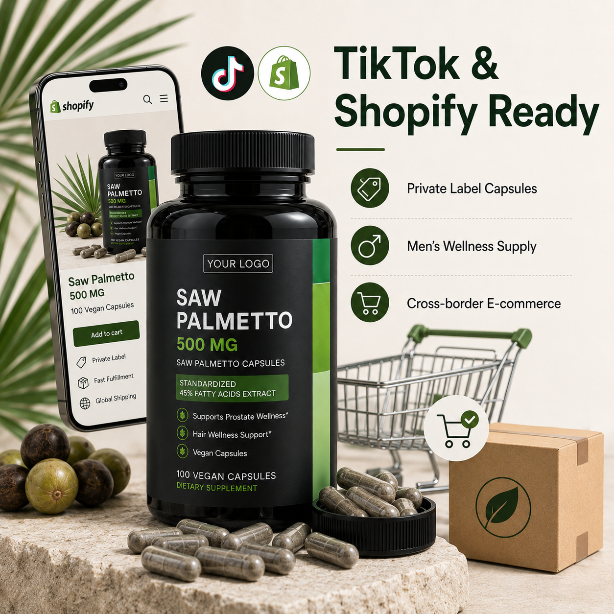 Saw Palmetto Capsules 100ct | Prostate Health & Men's Urinary Wellness | Private Label OEM