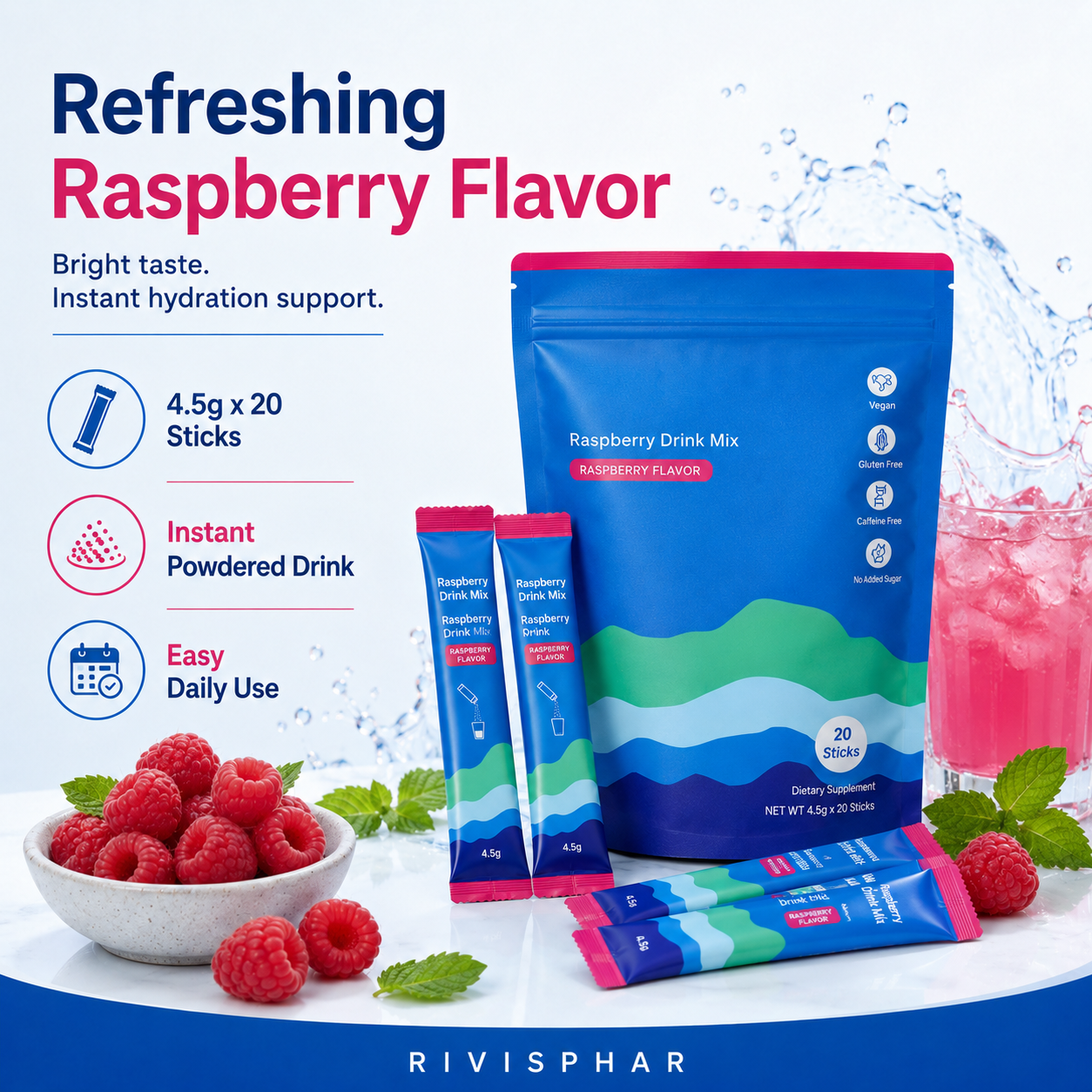 Adaptogenic Drink Mix – Raspberry | Stress Relief & Calm Focus Functional Beverage | 20 Packets | Private Label OEM