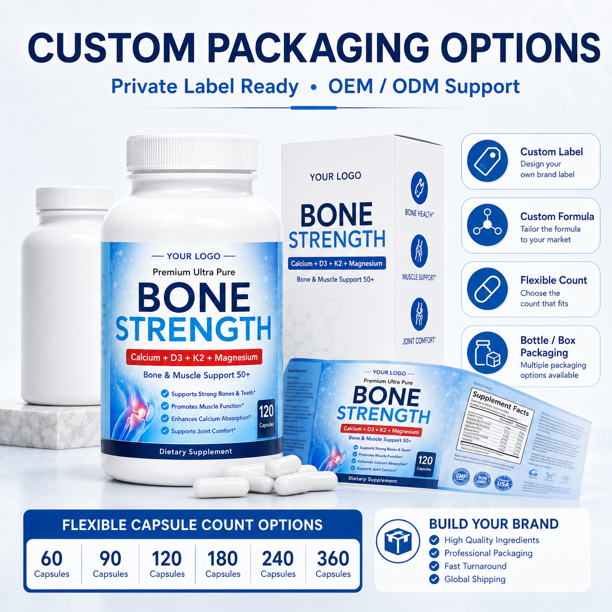 Bone Strength Capsules 120ct | Bone Density & Skeletal Health Support | Private Label OEM