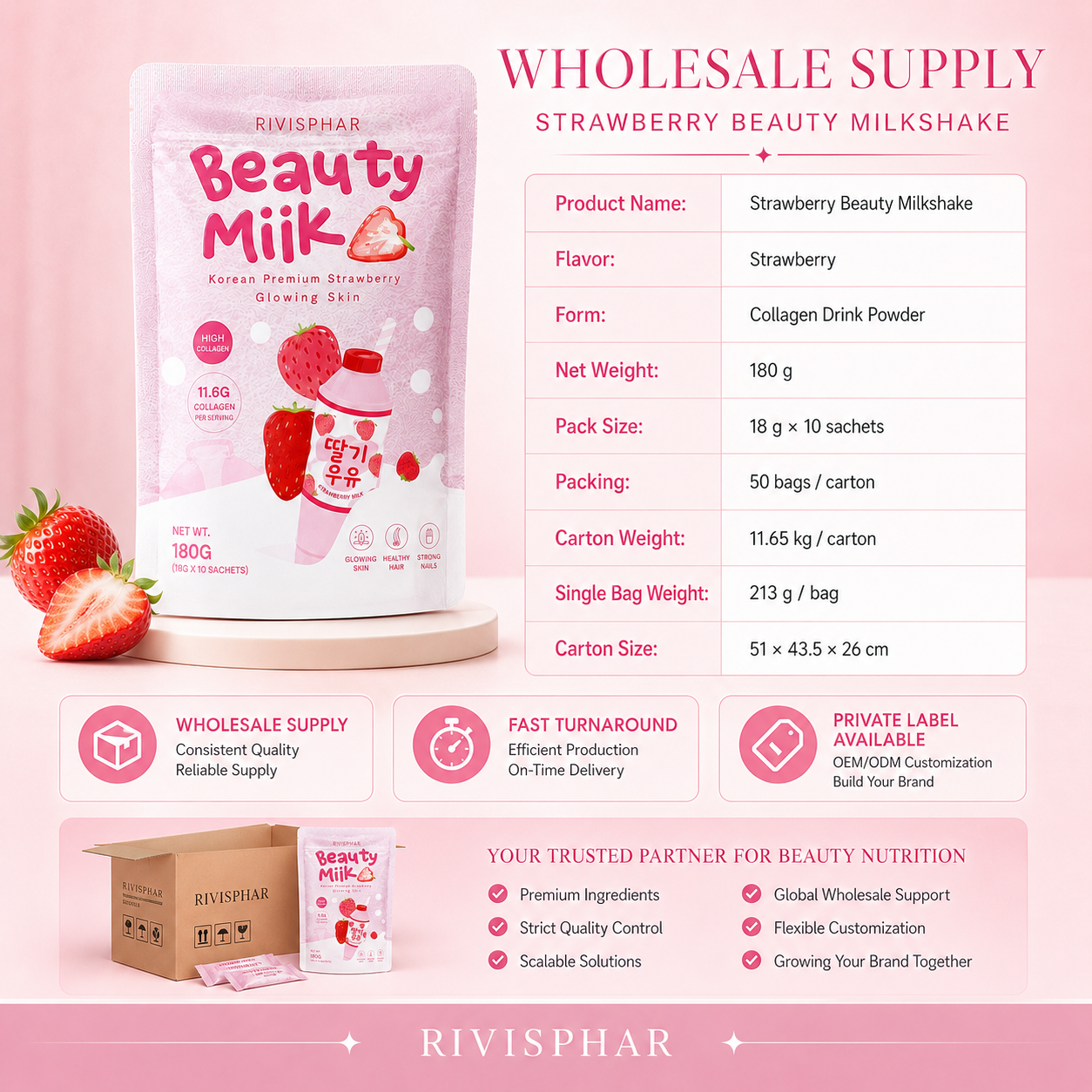 Beauty Milk Powder – Strawberry | Collagen & Skin Nutrition Drink Mix | 10 Sachets | Private Label OEM