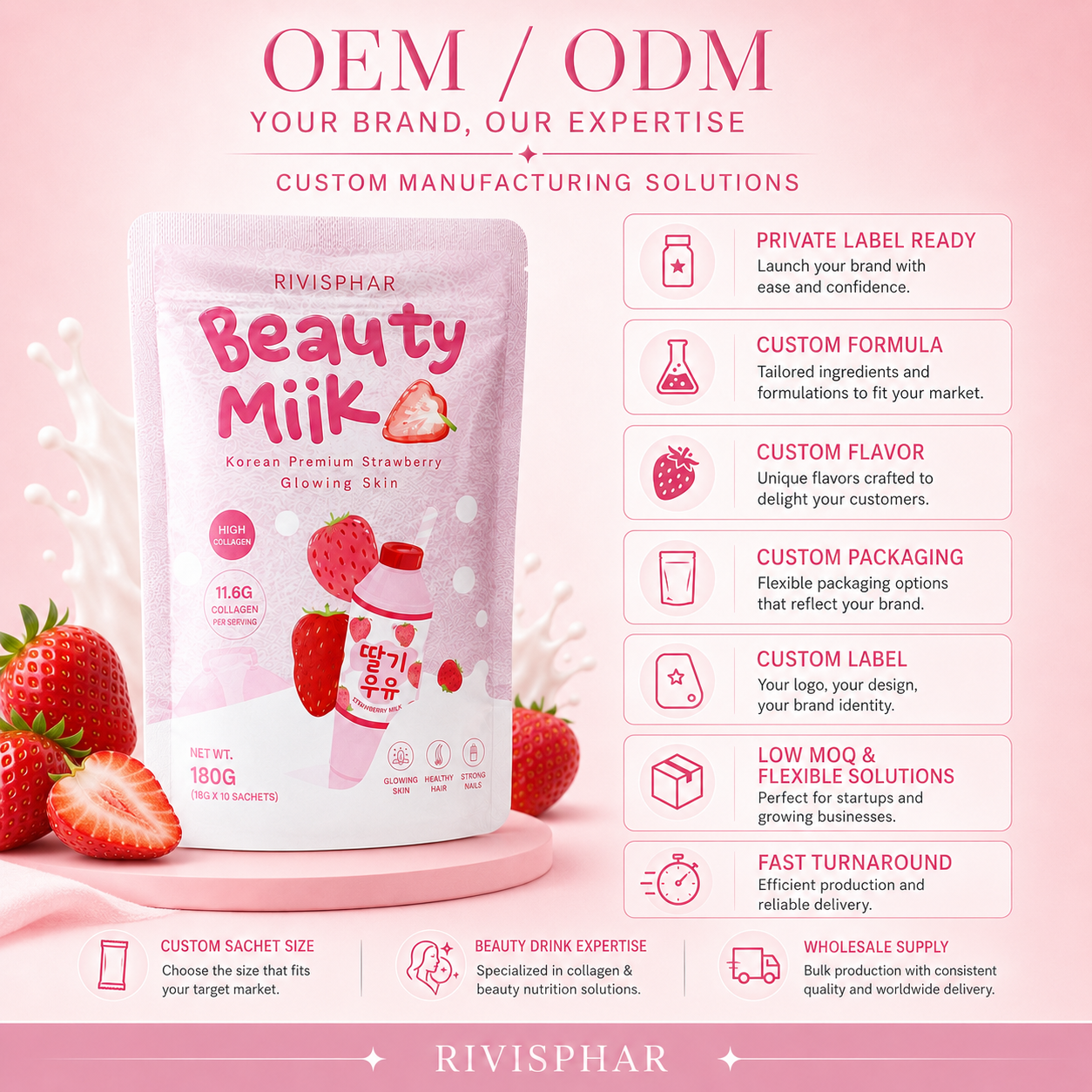 Beauty Milk Powder – Strawberry | Collagen & Skin Nutrition Drink Mix | 10 Sachets | Private Label OEM