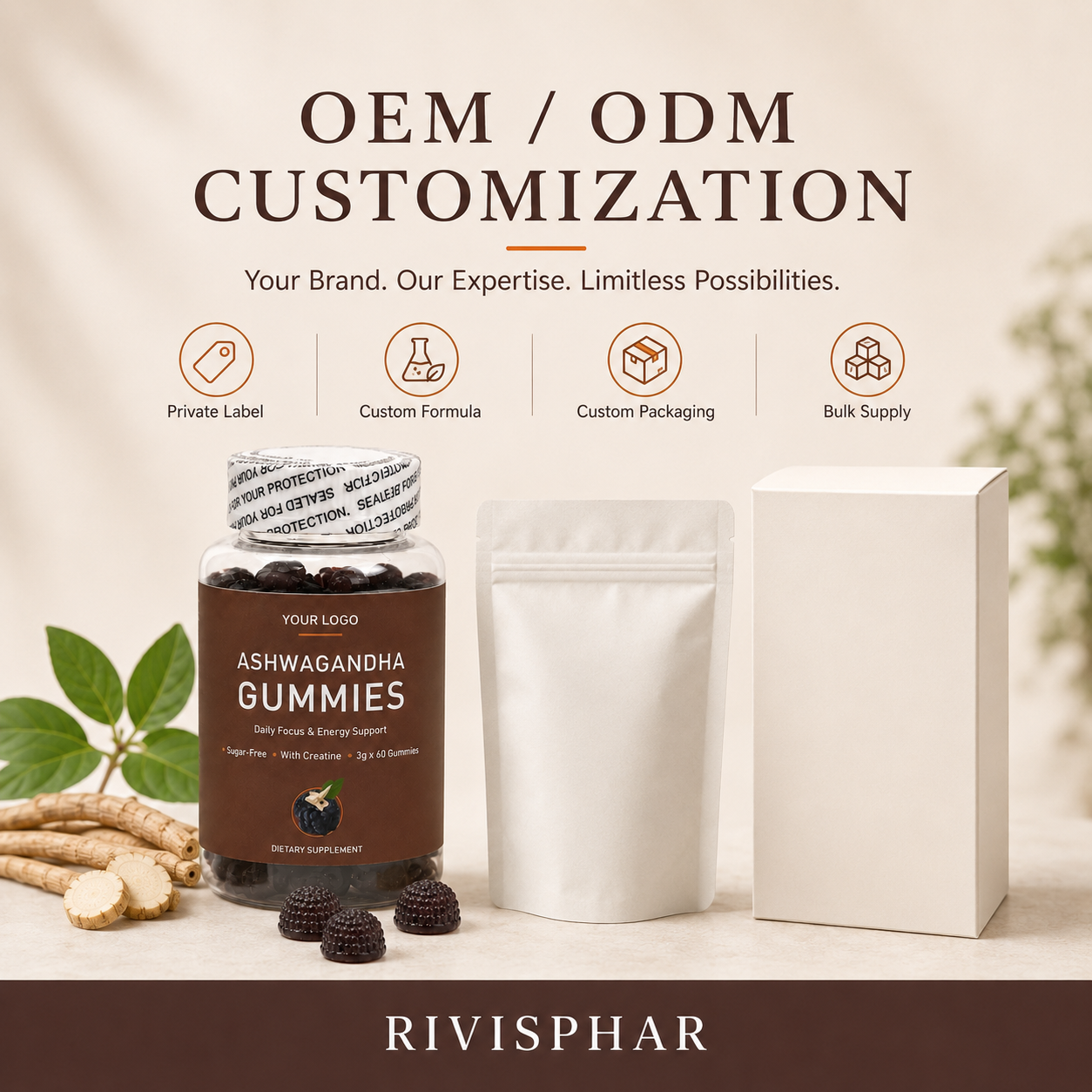 Ashwagandha Gummies 60ct | Stress Relief & Adaptogenic Calm Energy | Private Label OEM