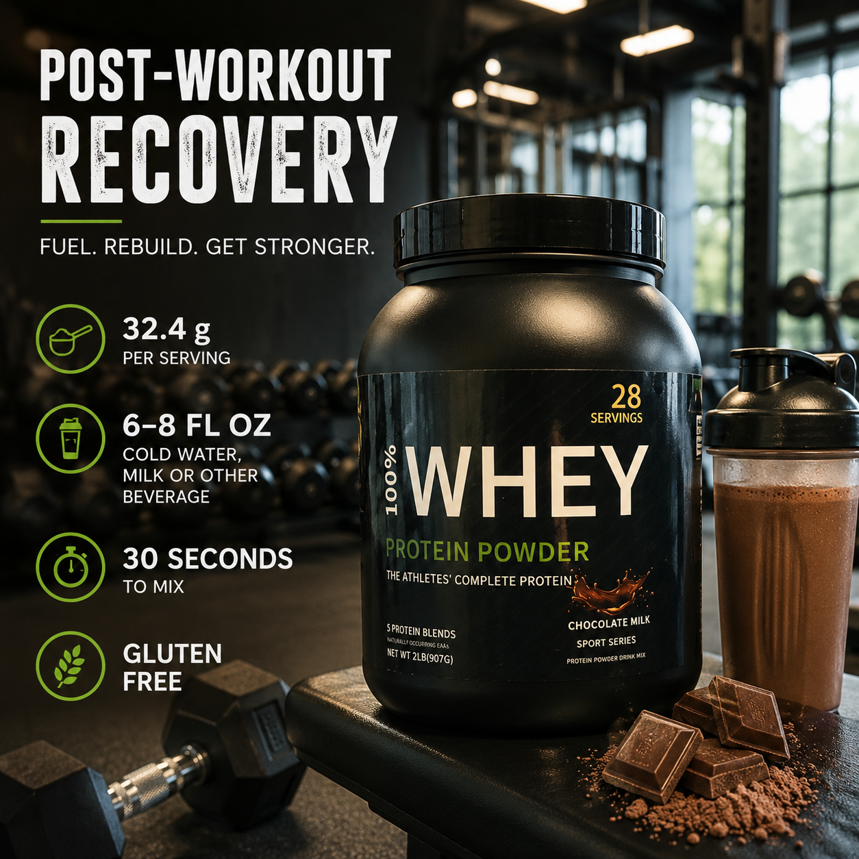 Whey Protein Powder 907g – Chocolate | Muscle Growth, BCAA & Post-Workout Recovery | Private Label OEM