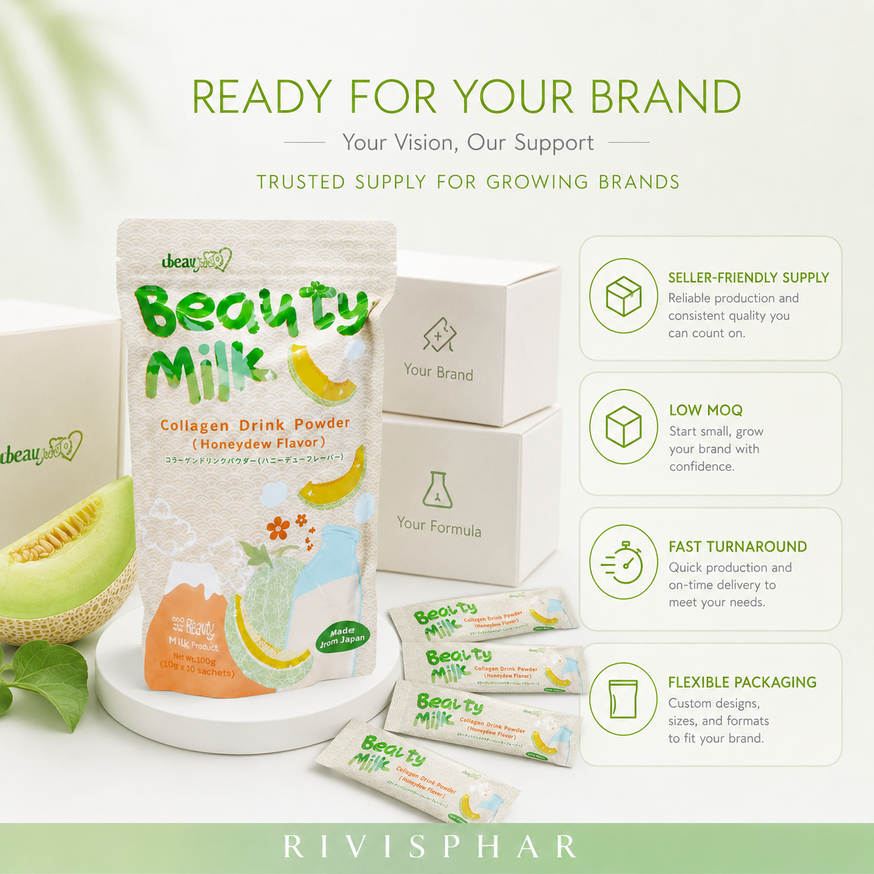 Beauty Milk Powder – Cantaloupe | Skin Hydration & Anti-Aging Drink Mix | 10 Sachets | Private Label OEM