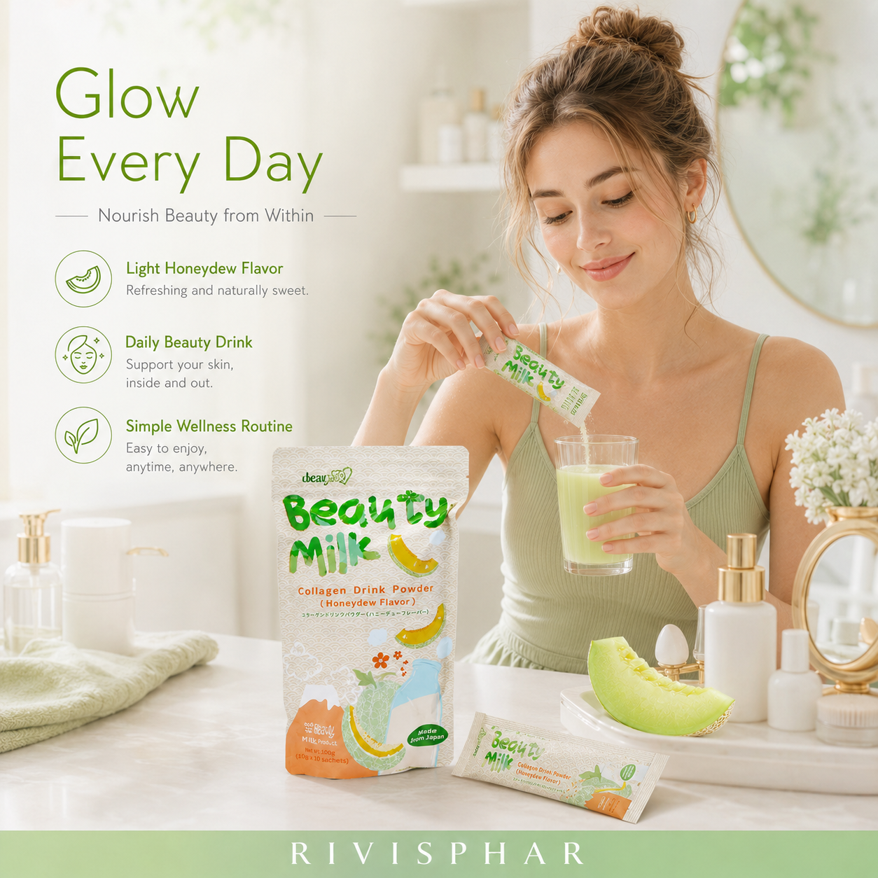 Beauty Milk Powder – Cantaloupe | Skin Hydration & Anti-Aging Drink Mix | 10 Sachets | Private Label OEM
