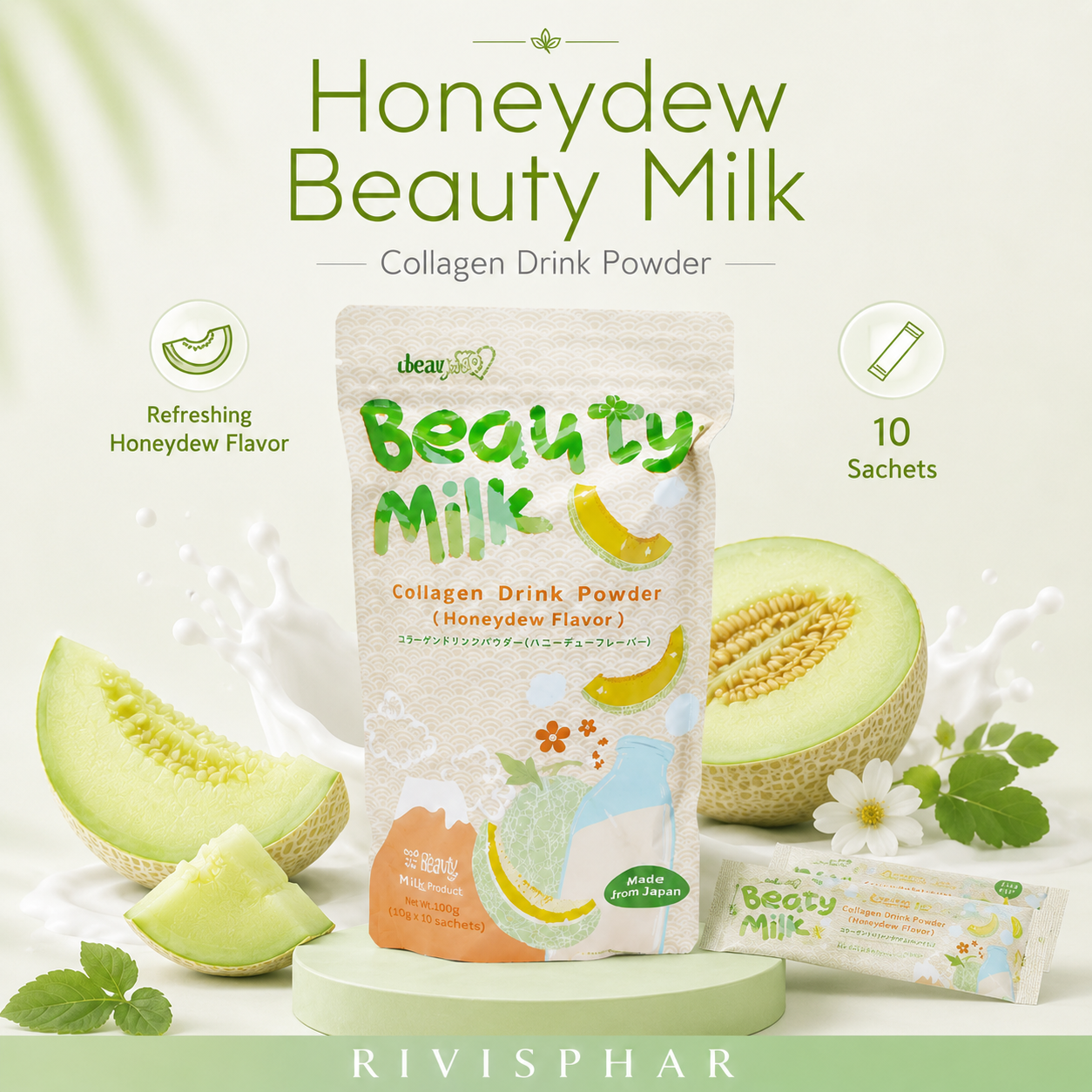 Beauty Milk Powder – Cantaloupe | Skin Hydration & Anti-Aging Drink Mix | 10 Sachets | Private Label OEM