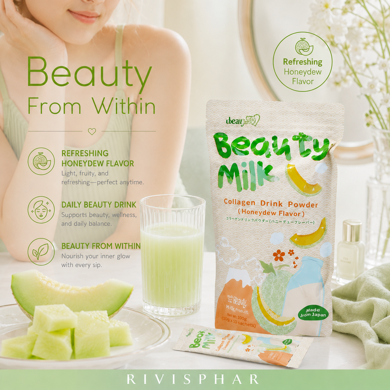 Beauty Milk Powder – Cantaloupe | Skin Hydration & Anti-Aging Drink Mix | 10 Sachets | Private Label OEM